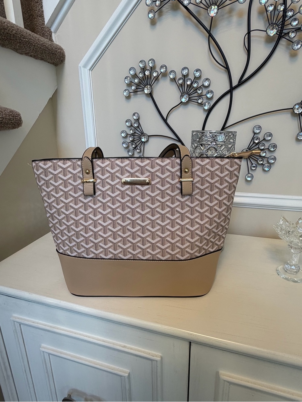 Taupe Patterned Tote Bag with Tan Base
